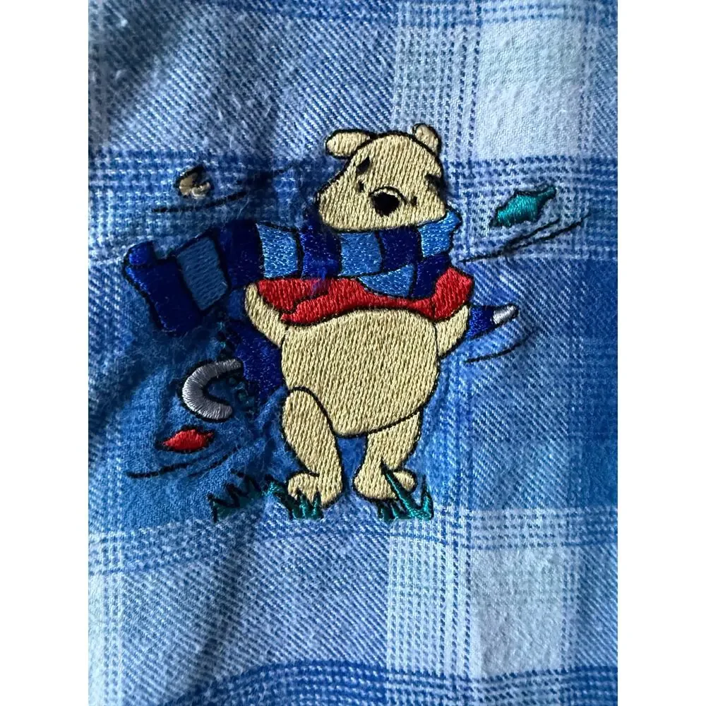 Vintage Pooh Blue‎ Plaid Flannel Nightgown Sz Large Disney 90s Hundred Acre Wood
